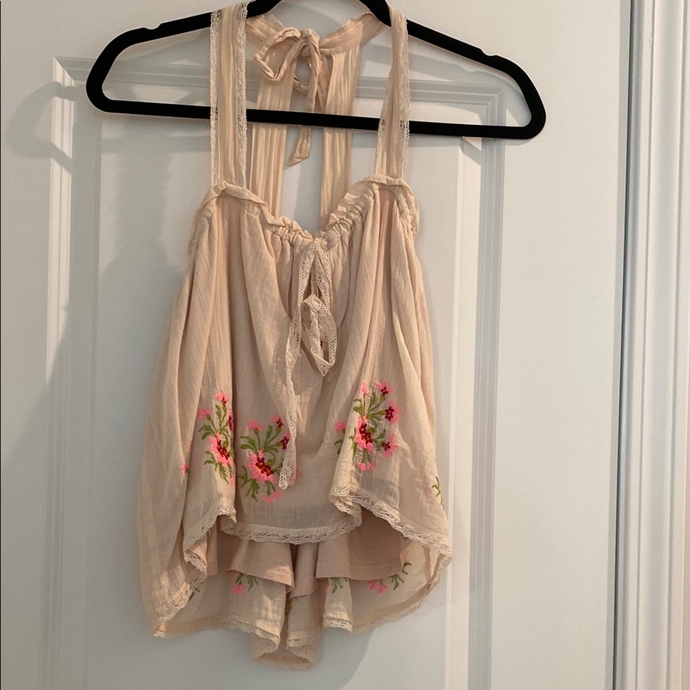 Free People Floral Embroidered Cream Top